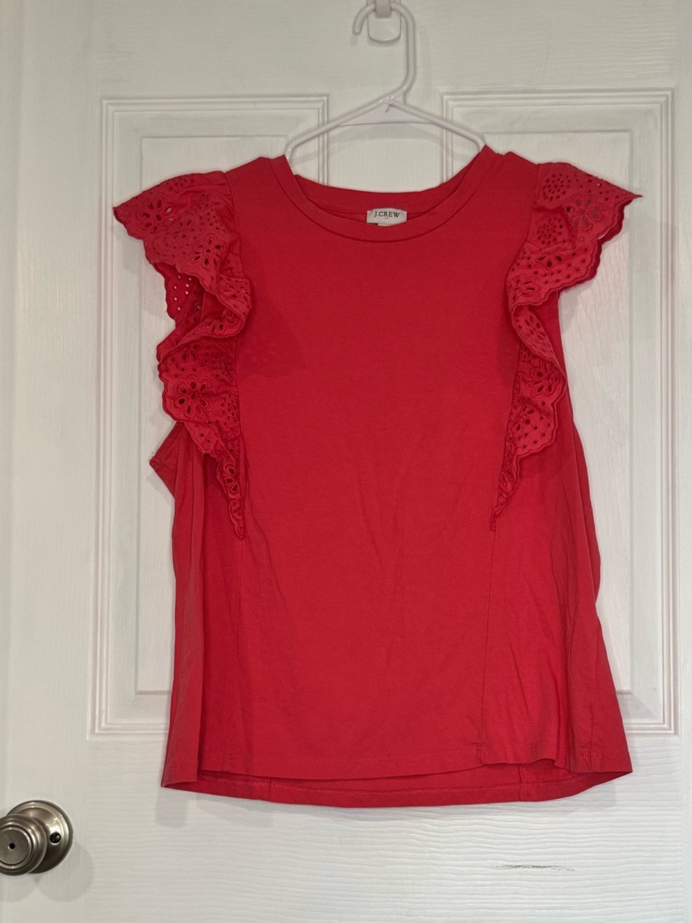 J. Crew Red/Pink Eyelet Ruffle Sleeve Top